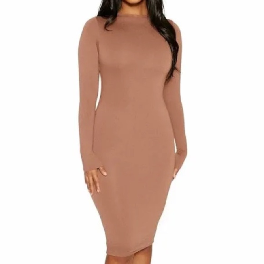 Naked Wardrobe Sculpt Long Sleeve Dress in Tan